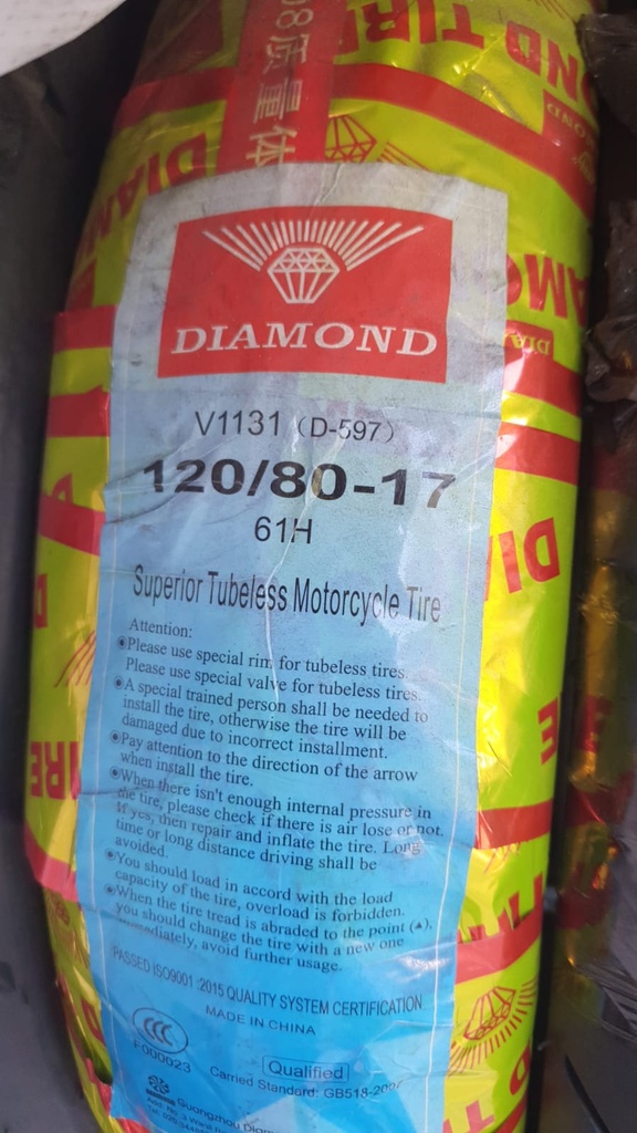 LLANTA 120/80-17 V1131 4 PR D597 TL - DIAMOND (Equivalente 4.25 - 4.50 - 4.60)